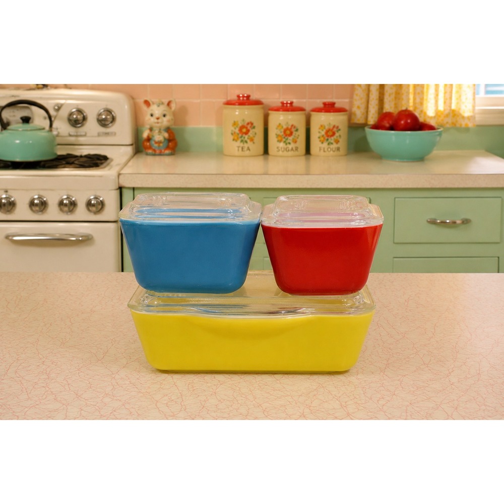 Vintage 1950s Pyrex Primary Colors Refrigerator Set, 4 Pieces, 501, 502, 503